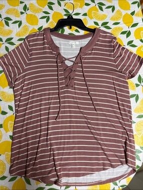 Maurices Mauve Striped Lace-Up Short Sleeve Tee